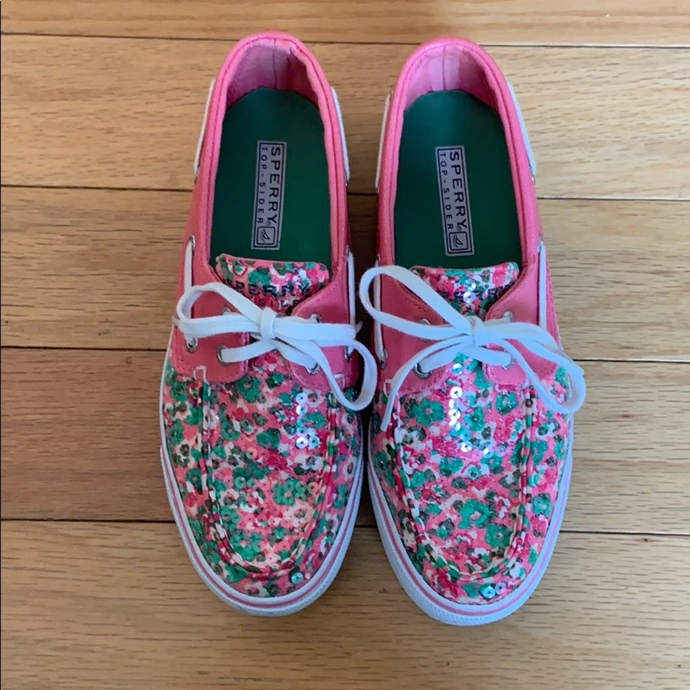 Pink, green & white Sperrys w/sequins